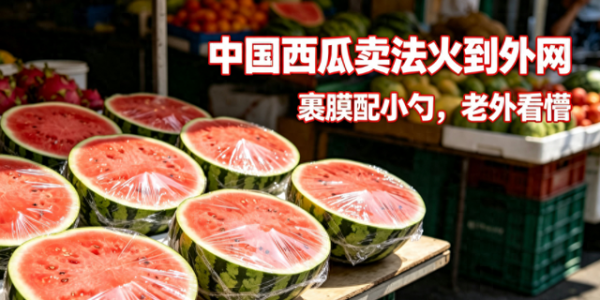 中国街边半块西瓜裹膜送勺，外网网友看懵，误以为只为抑菌