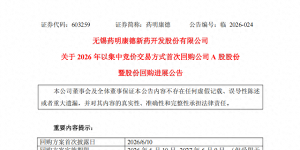 药明康德A股回购提速：方案发布48小时内即完成首次买入近亿元