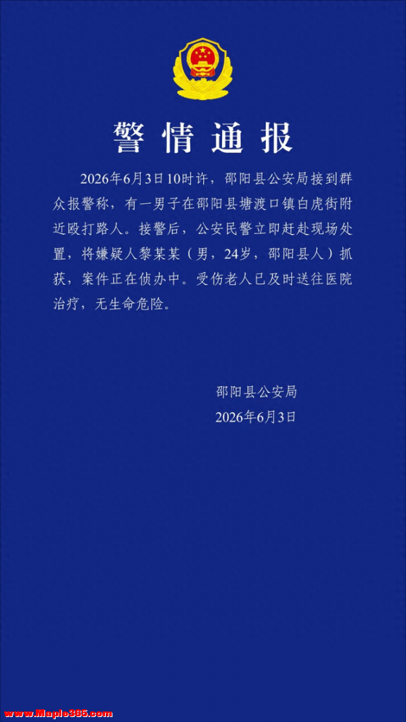 湖南警方通报“男子殴打路过的老人”：嫌疑人黎某某（男，24岁，邵阳县人）被抓获，受伤老人已及时送往医院治疗，无生命危险